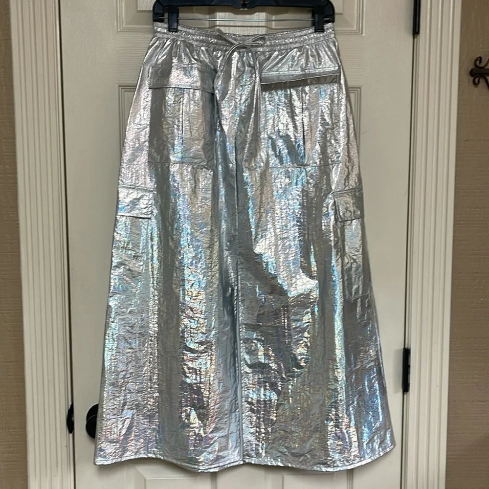 New Anthropologie Metallic Silver Shine Cargo Maxi Skirt Women’s Size Small - Picture 3 of 16